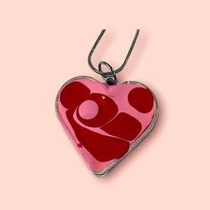 Red and Pink Hand Painted Heart Necklace in Silver Setting